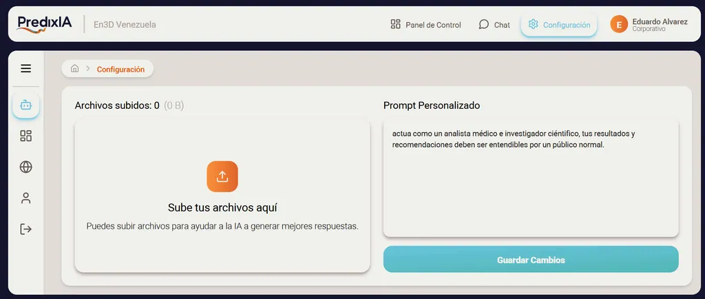 Pantalla de configuración de PredixIA